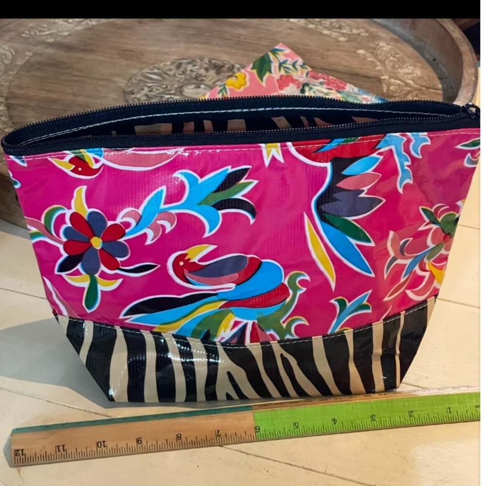 Bright Mexican Oil Cloth Pink Floral & Zebra Cosmetic Bag 12” x 7” x 4”